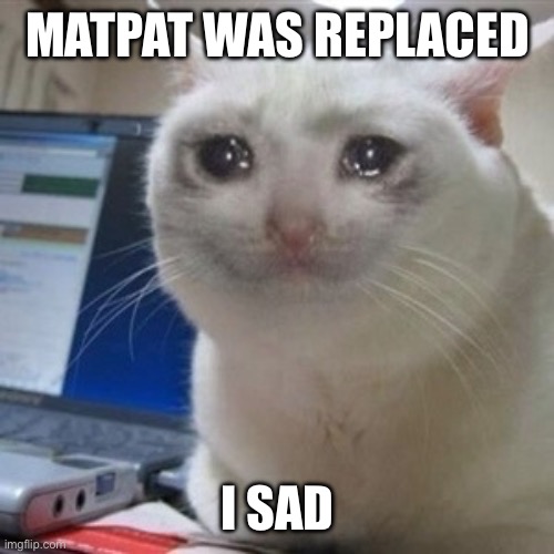 Crying cat | MATPAT WAS REPLACED; I SAD | image tagged in crying cat | made w/ Imgflip meme maker