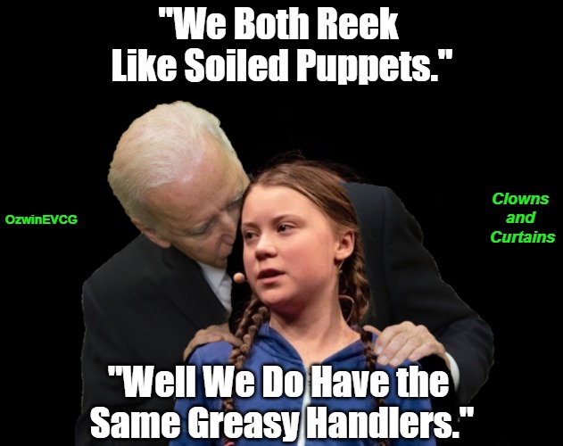 Clowns and Curtains | "We Both Reek 

Like Soiled Puppets."; Clowns 

and 

Curtains; OzwinEVCG; "Well We Do Have the 

Same Greasy Handlers." | image tagged in puppets,occupiers,traitors,joe biden,greta thunberg,clown shows | made w/ Imgflip meme maker