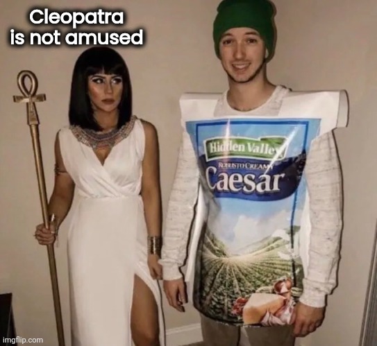 Their Last Costume Party | Cleopatra is not amused | image tagged in embarrassing,julius caesar,salad,tribute,inventions,dressing | made w/ Imgflip meme maker