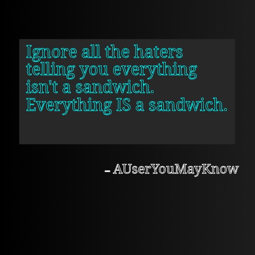 Blank ArentYourself Quote Template | Ignore all the haters telling you everything isn't a sandwich. Everything IS a sandwich. AUserYouMayKnow | image tagged in blank arentyourself quote template | made w/ Imgflip meme maker