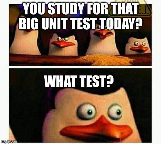Време је да умре | YOU STUDY FOR THAT BIG UNIT TEST TODAY? WHAT TEST? | image tagged in penguins of madagascar - oh crap,test | made w/ Imgflip meme maker