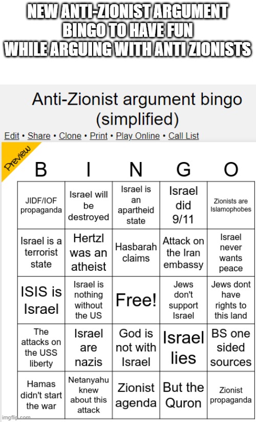 Bingo for arguing with anti zionists | NEW ANTI-ZIONIST ARGUMENT BINGO TO HAVE FUN WHILE ARGUING WITH ANTI ZIONISTS | image tagged in anti zionist arhument bingo simplified,israel | made w/ Imgflip meme maker