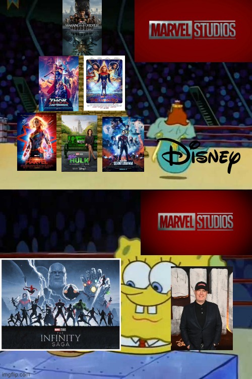 Disney MCU vs. Infinity Saga (The TRUE MCU) | image tagged in king neptune vs spongebob | made w/ Imgflip meme maker