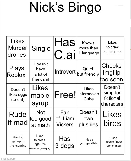 Yes maybe kinda unexpected | Nick’s Bingo; Has C.ai; Single; Likes to draw sometimes; Likes Murder drones; Knows 
more than 1 language; Introvert; Plays Roblox; Checks Imgflip too soon; Quiet but friendly; Doesn’t have a lot of friends irl; Likes Internecion Cube; Doesn’t likes eggs (to eat); Doesn’t simp for fictional characters; Likes maple syrup; Rude if mad; Not too good at math; Likes birds; Doesn’t own plushies; Fan of  Liam Vickers; Likes to cross legs (I’m male anyways); Uses middle finger sometimes; Hard to get up in the morning; Has 3 dogs; Has a younger sibling | image tagged in blank bingo,bingo | made w/ Imgflip meme maker