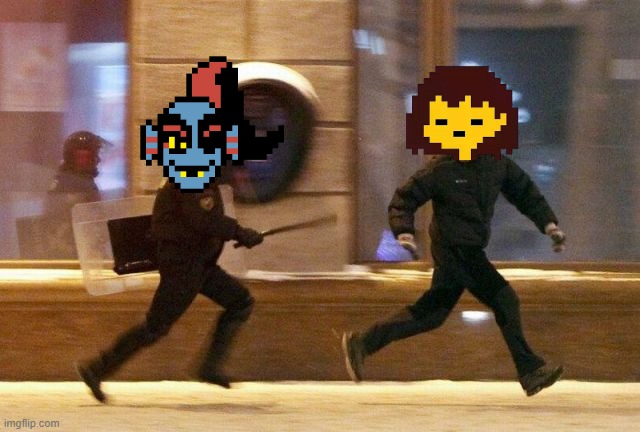 Undyne chasing Frisk in a nutshell | image tagged in police chasing guy,memes,funny,undertale | made w/ Imgflip meme maker