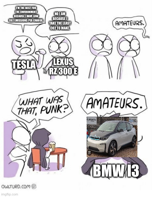 I miss sustainable over engineered EVs… | I’M THE BEST FOR THE ENVIRONMENT BECAUSE I HAVE LOW CO2 EMISSIONS PER CHARGE. NO I AM BECAUSE I TAKE THE LEAST CO2 TO MAKE. TESLA; LEXUS RZ 300 E; BMW I3 | image tagged in amateurs,tesla_slander,bmw i3,tesla,cars | made w/ Imgflip meme maker