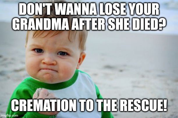 Get a vase to stuff her ashes in it! Companion for life at a cheap price! | DON'T WANNA LOSE YOUR GRANDMA AFTER SHE DIED? CREMATION TO THE RESCUE! | image tagged in memes,success kid original,cremation,grandma | made w/ Imgflip meme maker