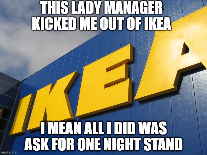 Night Stand | THIS LADY MANAGER KICKED ME OUT OF IKEA; I MEAN ALL I DID WAS ASK FOR ONE NIGHT STAND | image tagged in ikea | made w/ Imgflip meme maker
