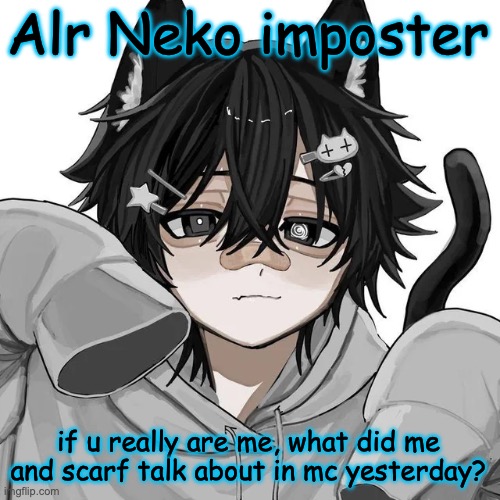 tfym I ain't masculine? | Alr Neko imposter; if u really are me, what did me and scarf talk about in mc yesterday? | image tagged in tfym i ain't masculine | made w/ Imgflip meme maker