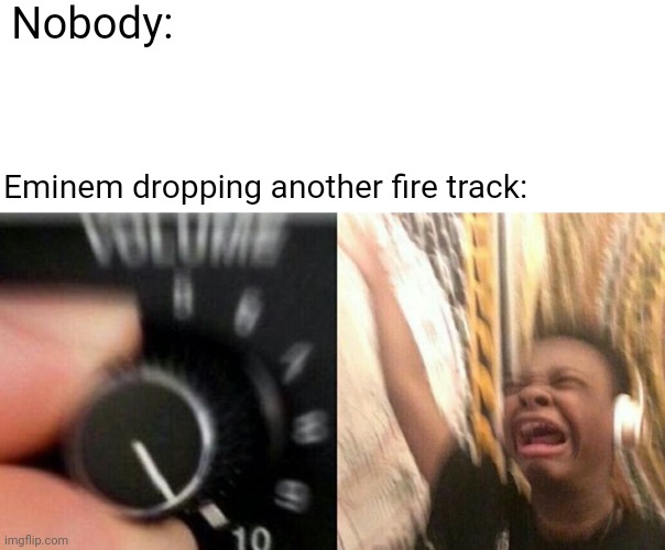 Please drop another fire track | Nobody:; Eminem dropping another fire track: | image tagged in turn up the music,eminem,food,drake hotline bling,gaming,memes | made w/ Imgflip meme maker