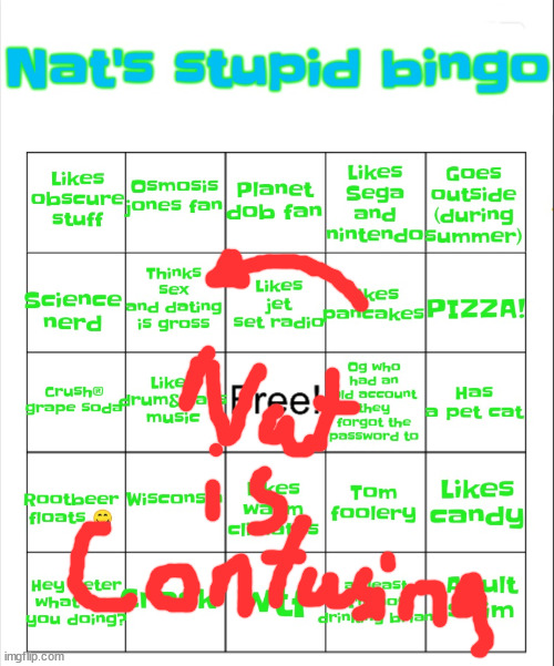 she does all this sexual stuff though?? | image tagged in nat's stupid bingo | made w/ Imgflip meme maker