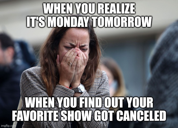 My show cancelled  :( | WHEN YOU REALIZE IT'S MONDAY TOMORROW; WHEN YOU FIND OUT YOUR FAVORITE SHOW GOT CANCELED | image tagged in woman crying | made w/ Imgflip meme maker