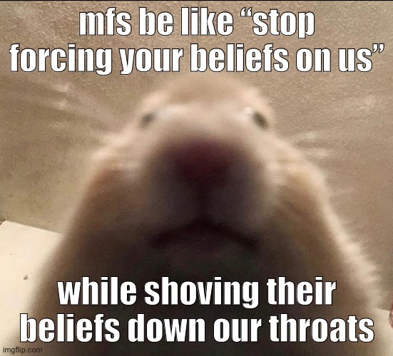 like holy cow | mfs be like “stop forcing your beliefs on us”; while shoving their beliefs down our throats | image tagged in xd | made w/ Imgflip meme maker