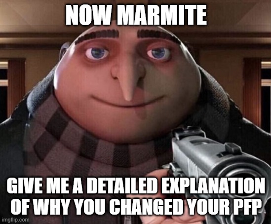 Gru Gun | NOW MARMITE; GIVE ME A DETAILED EXPLANATION OF WHY YOU CHANGED YOUR PFP | image tagged in gru gun | made w/ Imgflip meme maker