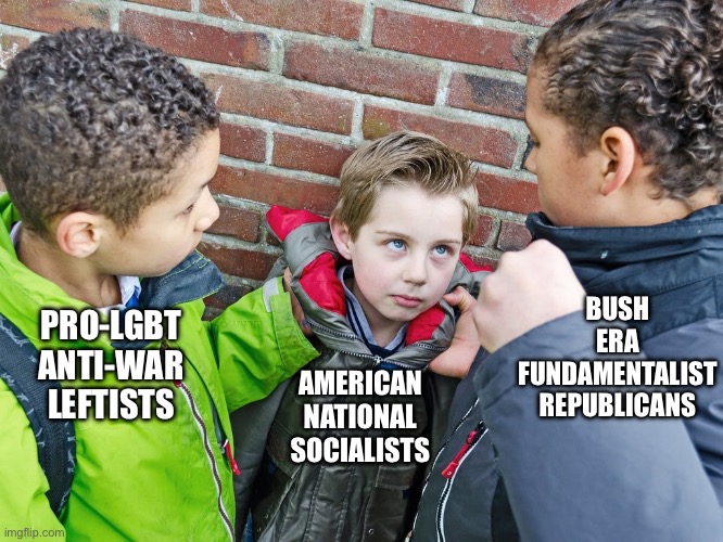 Kids about to give the beatdown | PRO-LGBT ANTI-WAR LEFTISTS; AMERICAN NATIONAL SOCIALISTS; BUSH ERA FUNDAMENTALIST REPUBLICANS | image tagged in kids about to give the beatdown,republicans,liberals,natsoc,national socialist,funny | made w/ Imgflip meme maker