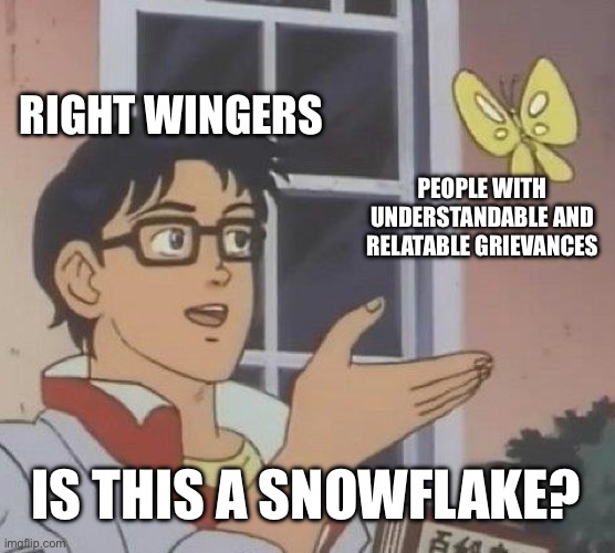Is This A Pigeon | RIGHT WINGERS; PEOPLE WITH UNDERSTANDABLE AND RELATABLE GRIEVANCES; IS THIS A SNOWFLAKE? | image tagged in memes,is this a pigeon,political meme,leftists,relatable memes,shitpost | made w/ Imgflip meme maker