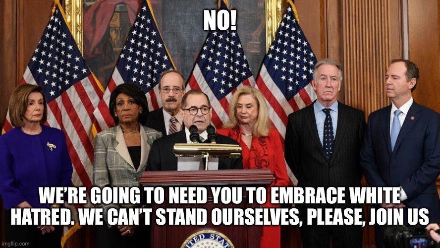 House Democrats | NO! WE’RE GOING TO NEED YOU TO EMBRACE WHITE HATRED. WE CAN’T STAND OURSELVES, PLEASE, JOIN US | image tagged in house democrats | made w/ Imgflip meme maker