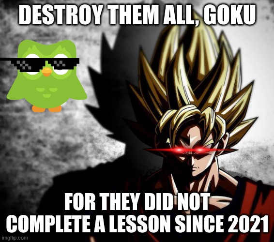 :) | DESTROY THEM ALL, GOKU; FOR THEY DID NOT COMPLETE A LESSON SINCE 2021 | image tagged in goku stare,duolingo | made w/ Imgflip meme maker