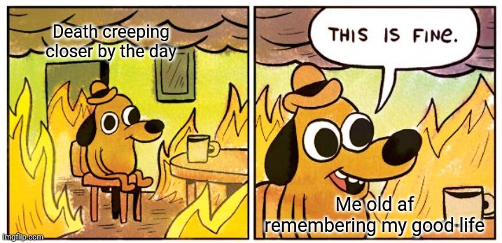 Something I made for the Erikson stages thing | Death creeping closer by the day; Me old af remembering my good life | image tagged in memes,this is fine,psychology,old man,trying to remember,good times | made w/ Imgflip meme maker