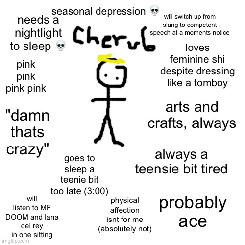 me: | seasonal depression 💀; will switch up from slang to competent speech at a moments notice; needs a nightlight to sleep 💀; loves feminine shi despite dressing like a tomboy; pink pink pink pink; arts and crafts, always; "damn thats crazy"; always a teensie bit tired; goes to sleep a teenie bit too late (3:00); will listen to MF DOOM and lana del rey in one sitting; probably ace; physical affection isnt for me (absolutely not) | made w/ Imgflip meme maker