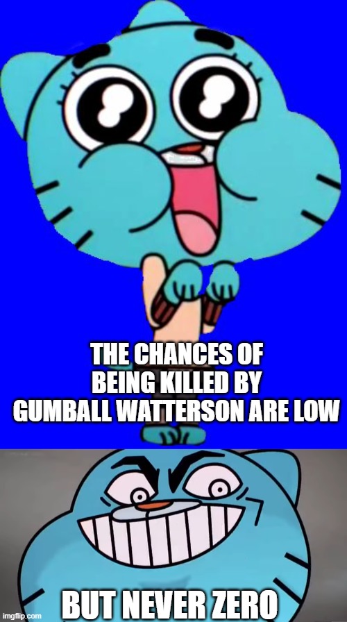 He's an evil cat | THE CHANCES OF BEING KILLED BY GUMBALL WATTERSON ARE LOW; BUT NEVER ZERO | image tagged in gumball w,evil gumball | made w/ Imgflip meme maker