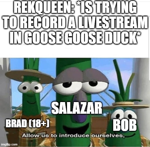 The trio of terror | REKQUEEN: *IS TRYING TO RECORD A LIVESTREAM IN GOOSE GOOSE DUCK*; SALAZAR; BRAD (18+); BOB | image tagged in allow us to introduce ourselves,twitch,gamer girl,streamer,trolling | made w/ Imgflip meme maker
