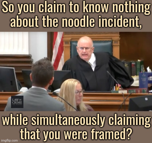 Don't you dare try to blame the tiger. | So you claim to know nothing
about the noodle incident, while simultaneously claiming
that you were framed? | image tagged in judge makes his ruling,suspicious,courtroom,trial,calvin and hobbes | made w/ Imgflip meme maker