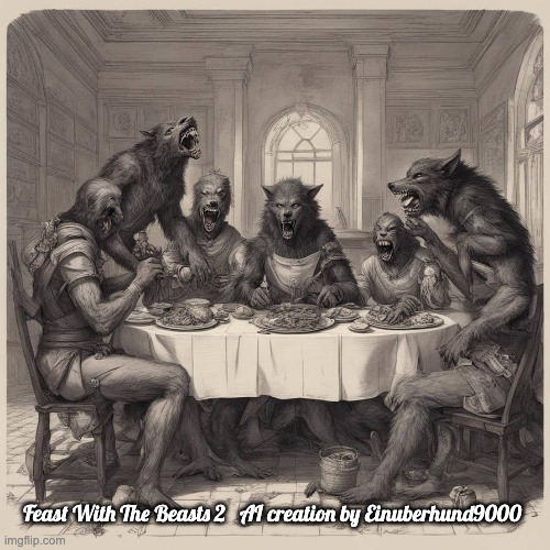 Feast With The Beasts II | Feast With The Beasts 2   AI creation by Einuberhund9000 | image tagged in werewolves,comic horror,fantasy | made w/ Imgflip meme maker