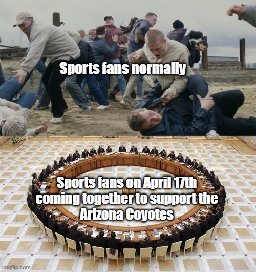 We Red Wings fans welcome Coyotes fans with open arms. ❤️ | Sports fans normally; Sports fans on April 17th
coming together to support the
Arizona Coyotes | image tagged in men discussing men fighting | made w/ Imgflip meme maker