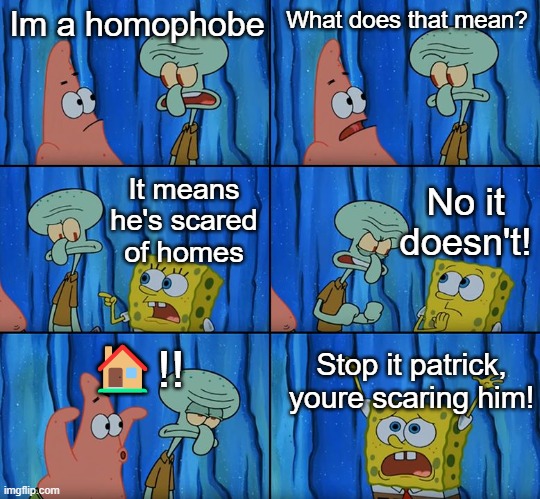 Stop it, Patrick! You're Scaring Him! | Im a homophobe; What does that mean? No it doesn't! It means he's scared of homes; 🏠!! Stop it patrick, youre scaring him! | image tagged in stop it patrick you're scaring him | made w/ Imgflip meme maker