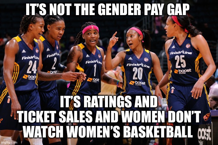 What Pay Gap? | IT’S NOT THE GENDER PAY GAP; IT’S RATINGS AND TICKET SALES AND WOMEN DON’T WATCH WOMEN’S BASKETBALL | image tagged in wnba players,gender equality,women | made w/ Imgflip meme maker