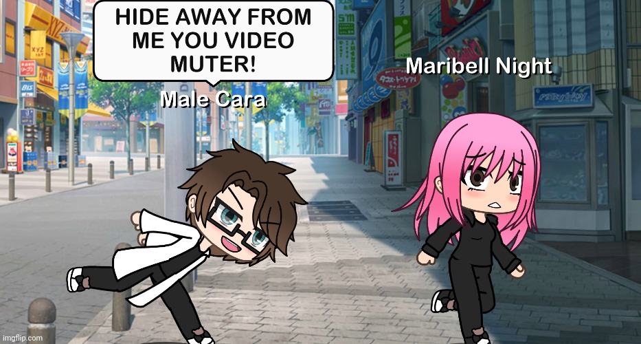 Maribell Night gets chased by Male Cara because she is a copyright abuser. Even the Hide Away song is playing in the background. | image tagged in pop up school 2,pus2,x is for x,male cara,maribell night,verbalase | made w/ Imgflip meme maker