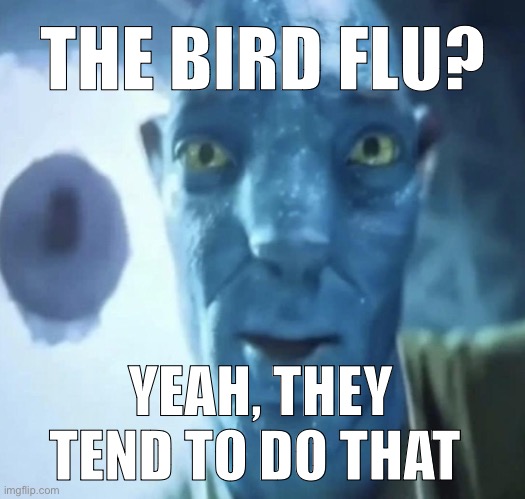 Staring Avatar 2 dude | THE BIRD FLU? YEAH, THEY TEND TO DO THAT | image tagged in staring avatar 2 dude | made w/ Imgflip meme maker