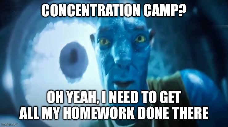 Avatar blue Guy | CONCENTRATION CAMP? OH YEAH, I NEED TO GET ALL MY HOMEWORK DONE THERE | image tagged in avatar blue guy | made w/ Imgflip meme maker