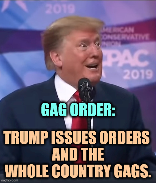 What is a gag order? | GAG ORDER:; TRUMP ISSUES ORDERS 
AND THE WHOLE COUNTRY GAGS. | image tagged in trump dilated and desperate,trump,gag,order | made w/ Imgflip meme maker