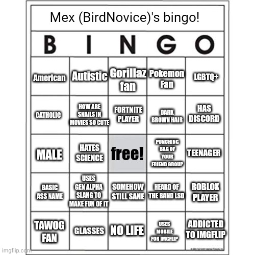 MEH BINGO | Mex (BirdNovice)'s bingo! American; Autistic; LGBTQ+; Gorillaz fan; Pokemon Fan; HOW ARE SNAILS IN MOVIES SO CUTE; DARK BROWN HAIR; CATHOLIC; FORTNITE PLAYER; HAS DISCORD; PUNCHING BAG OF YOUR FRIEND GROUP; TEENAGER; HATES SCIENCE; MALE; free! USES GEN ALPHA SLANG TO MAKE FUN OF IT; SOMEHOW STILL SANE; ROBLOX PLAYER; BASIC ASS NAME; HEARD OF THE BAND LSD; TAWOG FAN; ADDICTED TO IMGFLIP; NO LIFE; GLASSES; USES MOBILE FOR IMGFLIP | image tagged in blank bingo card | made w/ Imgflip meme maker