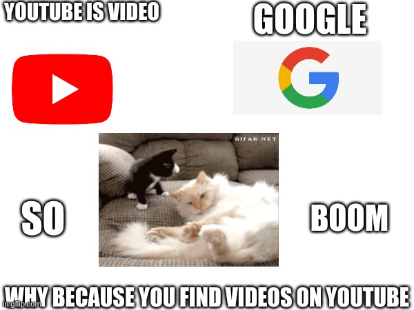 YouTube and Google | YOUTUBE IS VIDEO; GOOGLE; BOOM; SO; WHY BECAUSE YOU FIND VIDEOS ON YOUTUBE | image tagged in fun | made w/ Imgflip meme maker