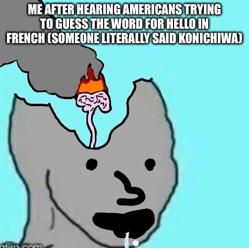 Brainlet | ME AFTER HEARING AMERICANS TRYING TO GUESS THE WORD FOR HELLO IN FRENCH (SOMEONE LITERALLY SAID KONICHIWA) | image tagged in brainlet | made w/ Imgflip meme maker