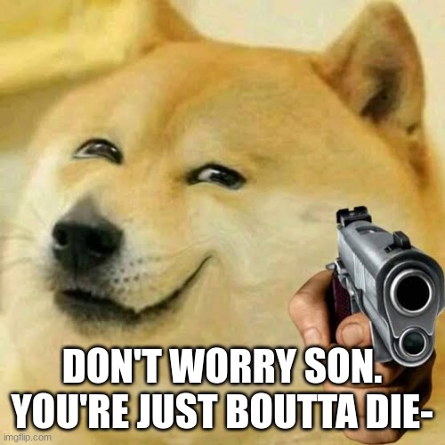 gun with smile doge | DON'T WORRY SON. YOU'RE JUST BOUTTA DIE- | image tagged in gun with smile doge | made w/ Imgflip meme maker