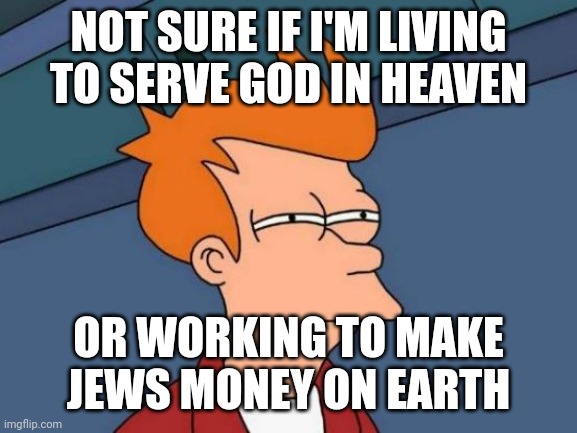 I'm thinking it's the latter. | NOT SURE IF I'M LIVING TO SERVE GOD IN HEAVEN; OR WORKING TO MAKE JEWS MONEY ON EARTH | image tagged in memes,futurama fry | made w/ Imgflip meme maker