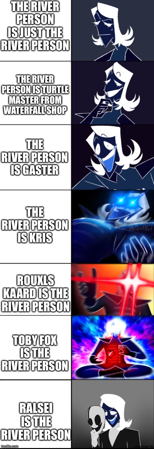 Rouxls Kaard Large (with text boxes fixed) | THE RIVER PERSON IS JUST THE RIVER PERSON; THE RIVER PERSON IS TURTLE MASTER FROM WATERFALL SHOP; THE RIVER PERSON IS GASTER; THE RIVER PERSON IS KRIS; ROUXLS KAARD IS THE RIVER PERSON; TOBY FOX IS THE RIVER PERSON; RALSEI IS THE RIVER PERSON | image tagged in rouxls kaard large with text boxes fixed | made w/ Imgflip meme maker