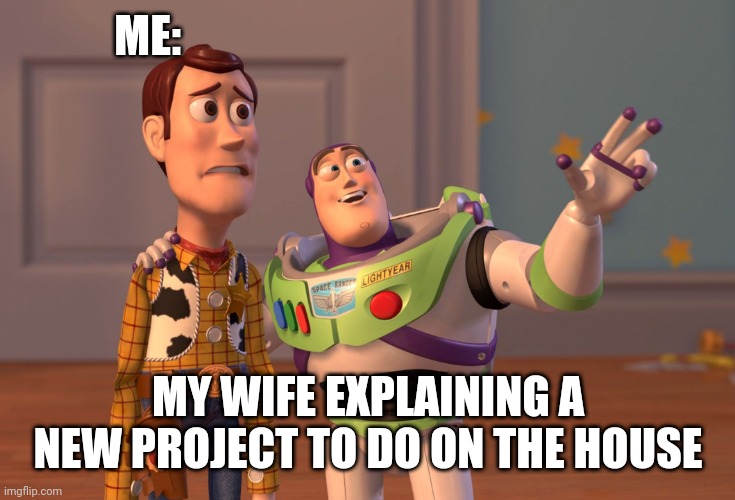 A new project | ME:; MY WIFE EXPLAINING A NEW PROJECT TO DO ON THE HOUSE | image tagged in memes,x x everywhere | made w/ Imgflip meme maker