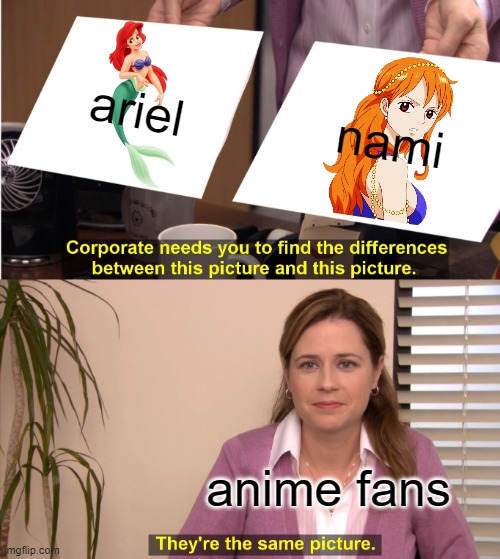 one piece meme | ariel; nami; anime fans | image tagged in memes,they're the same picture,one piece,anime meme,ariel,redheads | made w/ Imgflip meme maker