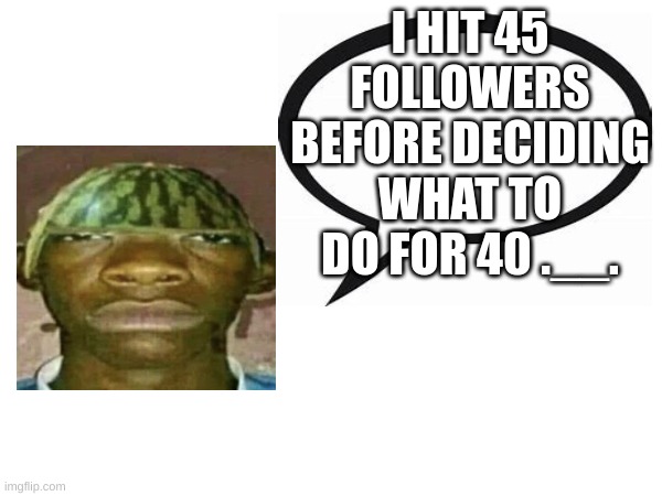 watermelonmans important message | I HIT 45 FOLLOWERS BEFORE DECIDING WHAT TO DO FOR 40 .__. | image tagged in watermelonmans important message | made w/ Imgflip meme maker