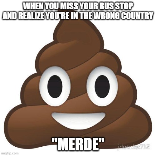 merde - shit! | WHEN YOU MISS YOUR BUS STOP AND REALIZE YOU'RE IN THE WRONG COUNTRY; "MERDE" | image tagged in poop,french | made w/ Imgflip meme maker