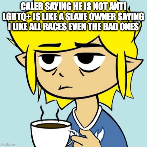 LeafyIsntHere | CALEB SAYING HE IS NOT ANTI LGBTQ+ IS LIKE A SLAVE OWNER SAYING I LIKE ALL RACES EVEN THE BAD ONES | image tagged in leafyisnthere | made w/ Imgflip meme maker