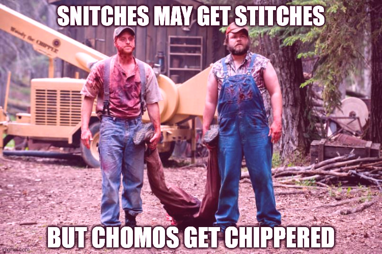 SNITCHES MAY GET STITCHES BUT CHOMOS GET CHIPPERED | image tagged in pedo woodchipper | made w/ Imgflip meme maker