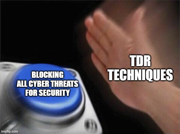 Blank Nut Button Meme | TDR TECHNIQUES; BLOCKING ALL CYBER THREATS FOR SECURITY | image tagged in memes,blank nut button | made w/ Imgflip meme maker