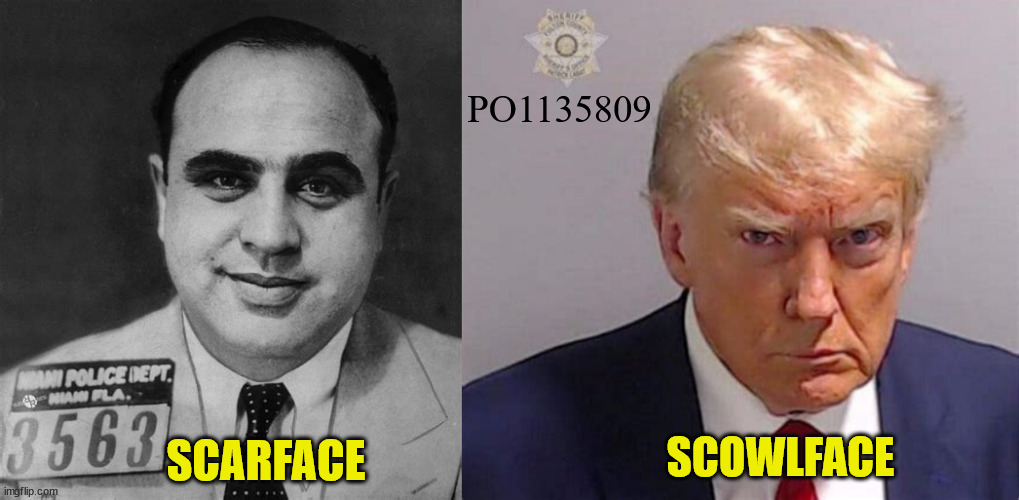 Trump's gotta cool new nickname | PO1135809; SCARFACE; SCOWLFACE | image tagged in scareface,alphons capone,trumpface,my hero,book em,lock him up | made w/ Imgflip meme maker