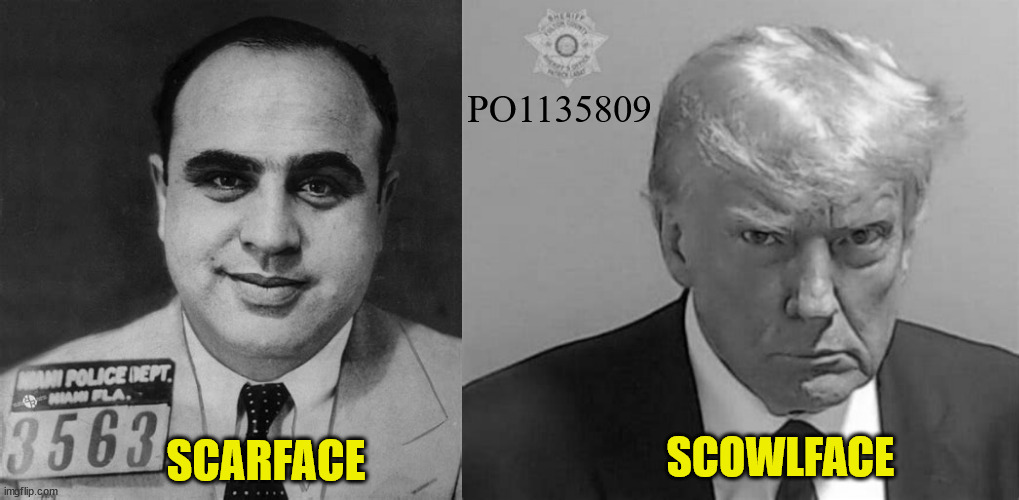 Trump's tough new nickname | PO1135809; SCARFACE; SCOWLFACE | image tagged in alphonse capone,scarface,scowlface,maga mockery,new number,donald jailbird trump | made w/ Imgflip meme maker